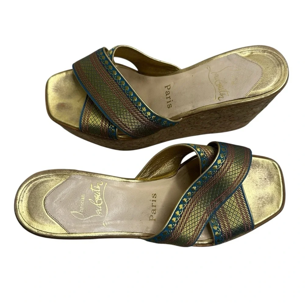 Christian Louboutin Gold and Blue Wedge Sandals, pre-owned, SZ 6.5